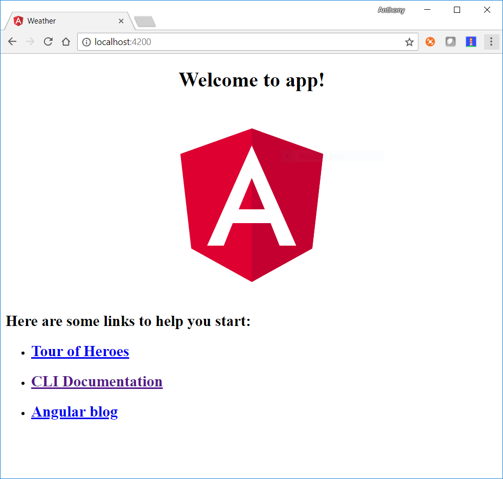 Initial default Angular project running in chrome browser
