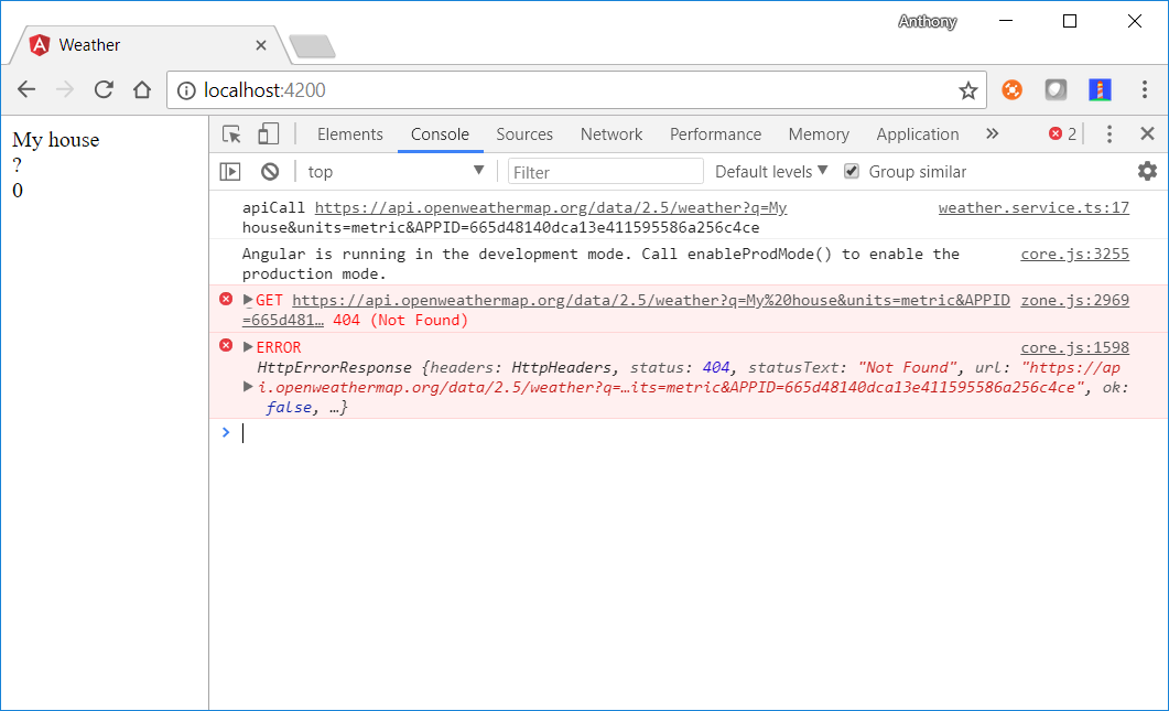 Component showing failed API results with console error